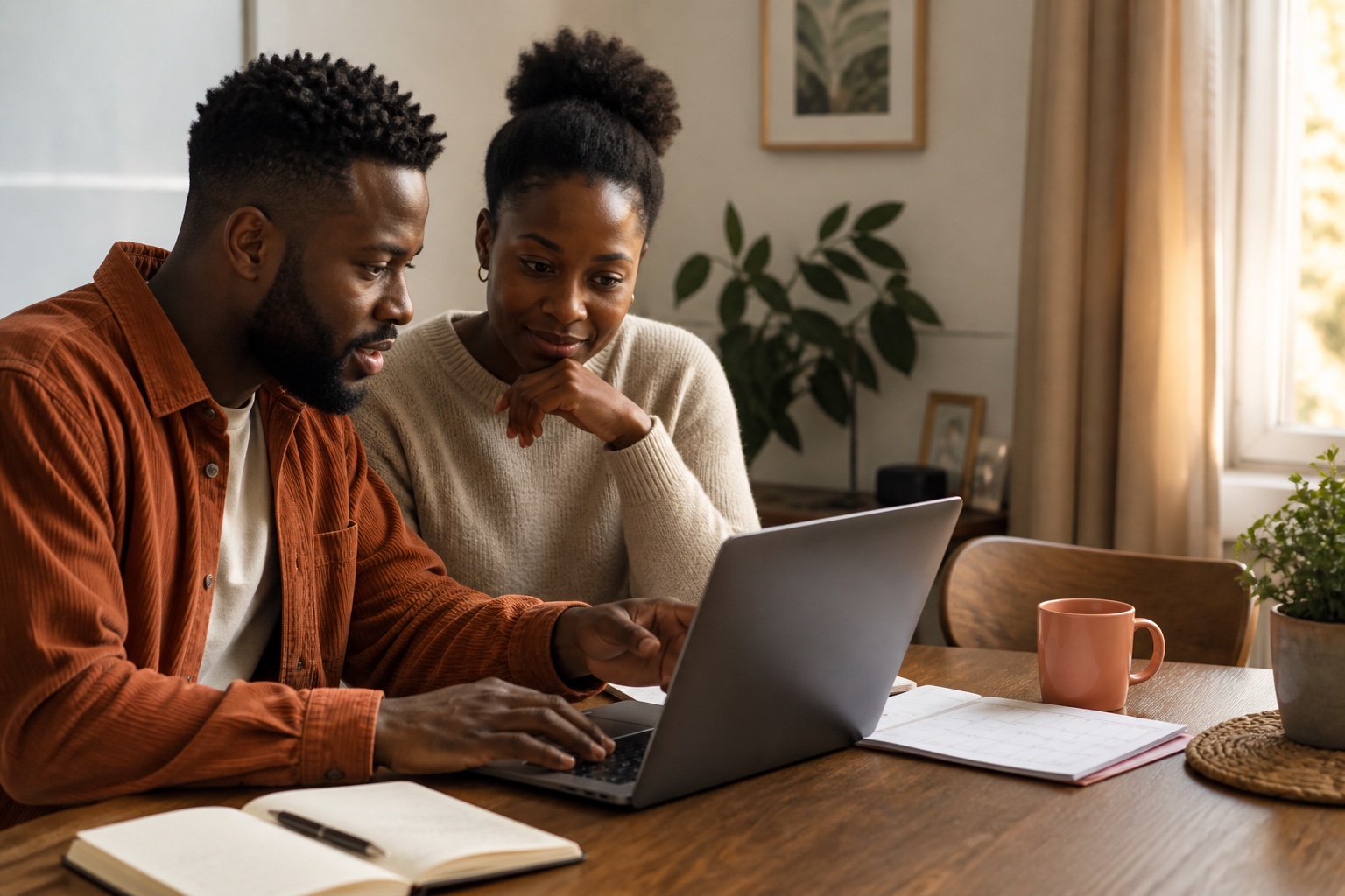Two fictional friends privately reviewing a Pardner plan together on a laptop