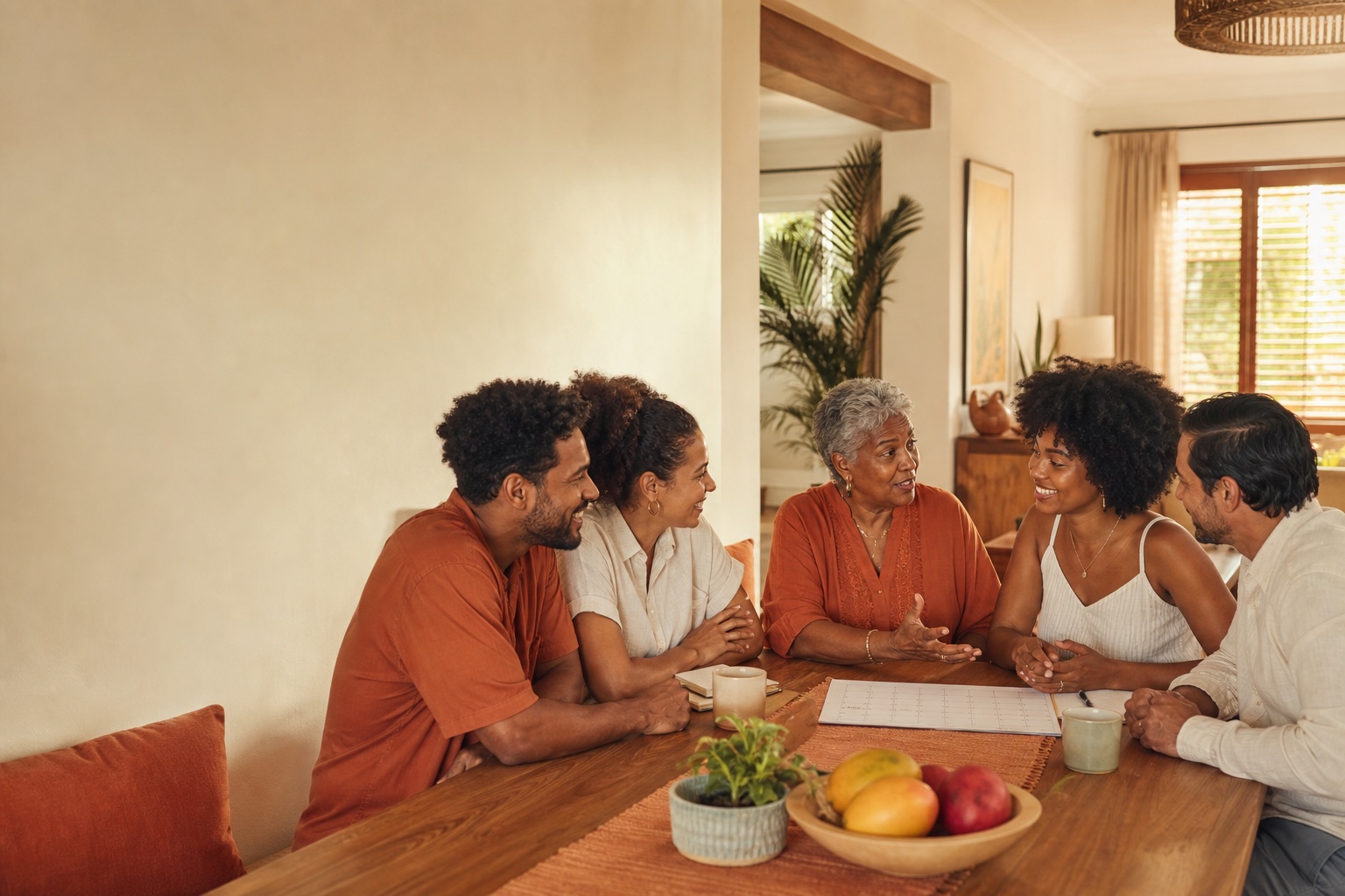 A group talking through a shared plan around a table