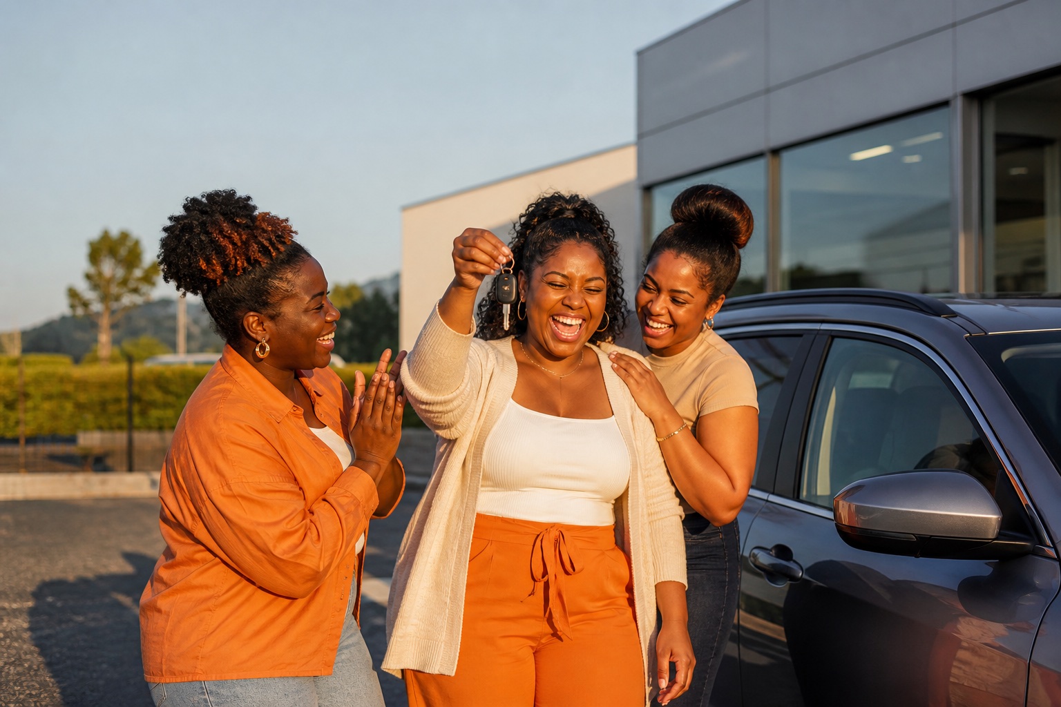 Three fictional friends celebrate as one receives the keys to an attainable new car after reaching her goal
