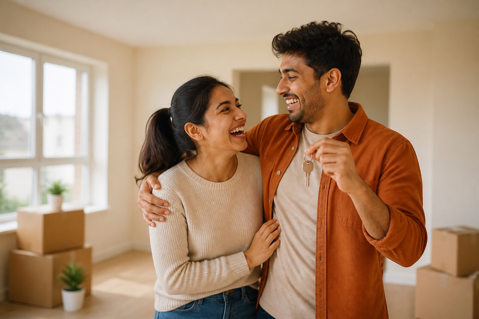 A fictional South Asian couple joyfully receive the keys to their first comfortable home