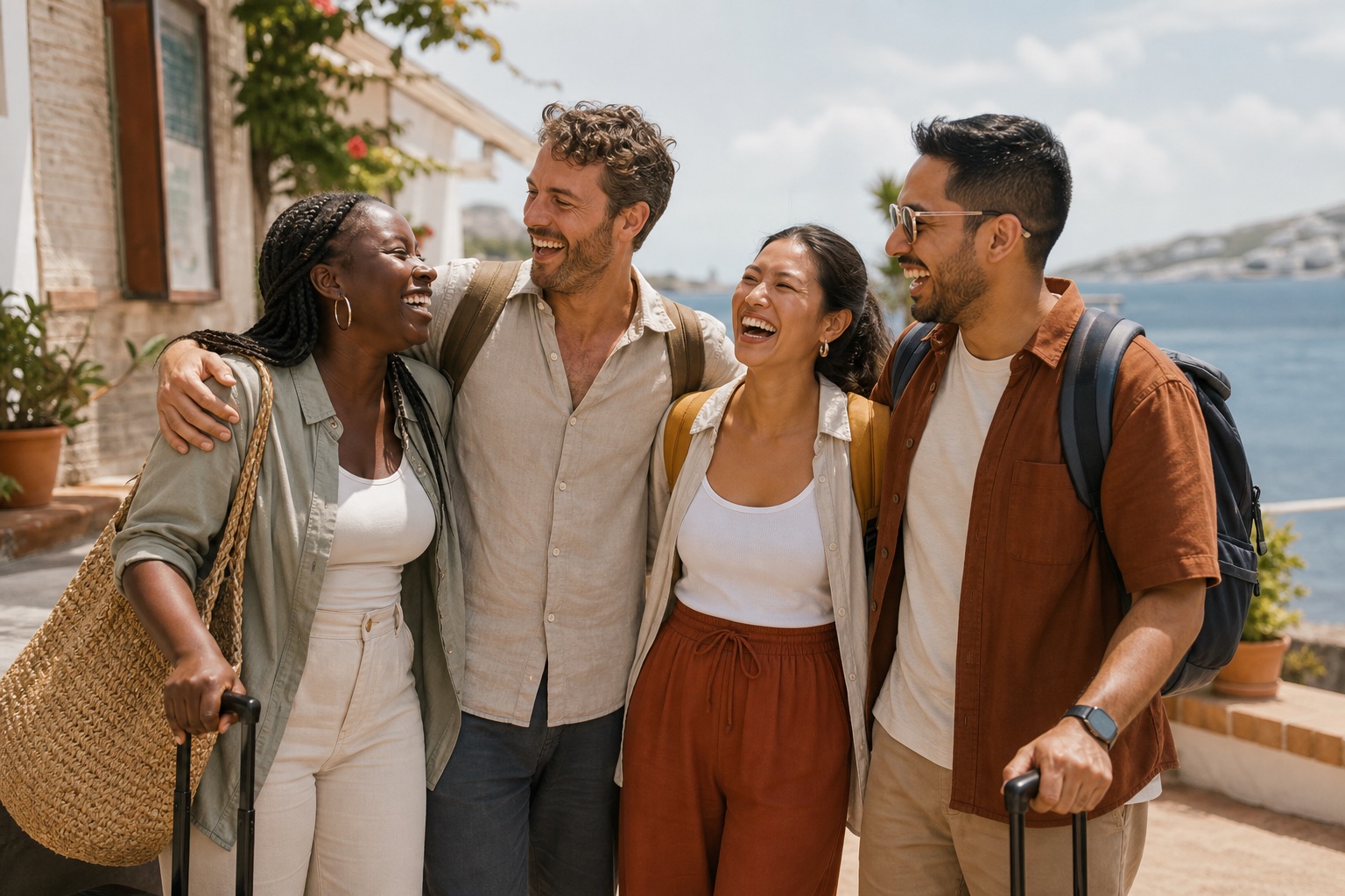 Four fictional friends from different backgrounds laugh together at the start of an attainable coastal holiday